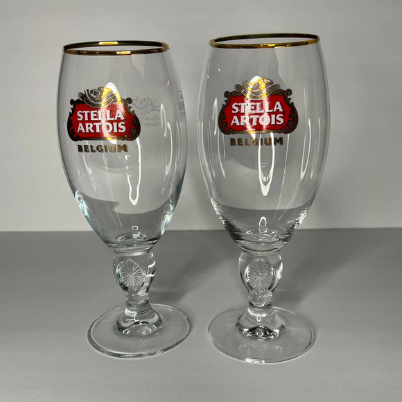 Stella Artois Belgium Chalice Glasses Pair of 2 Beer Goblets Gold Rim 8.5" 40CL - Picture 1 of 6